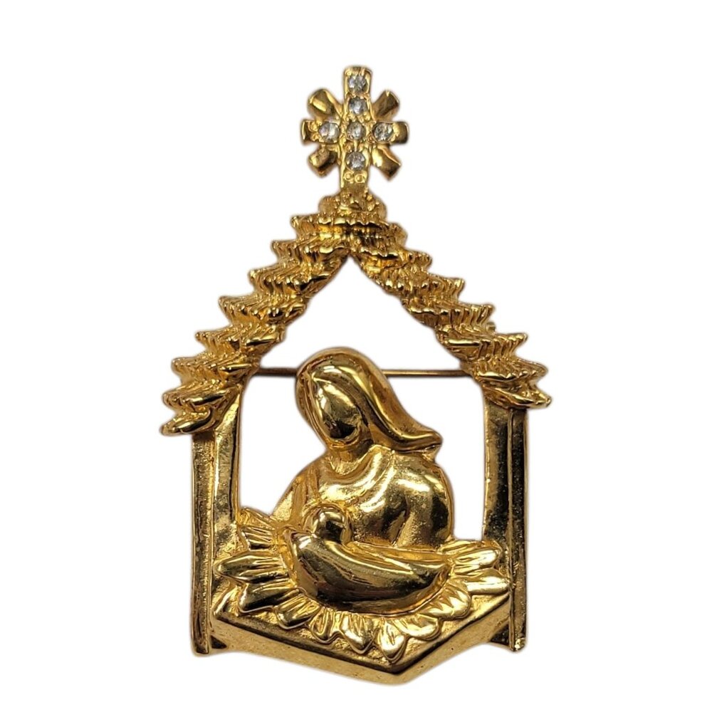 Vtg Gold-Tone Nativity Brooch Pin Rhinestone Star Signed Butler Mary Baby Jesus